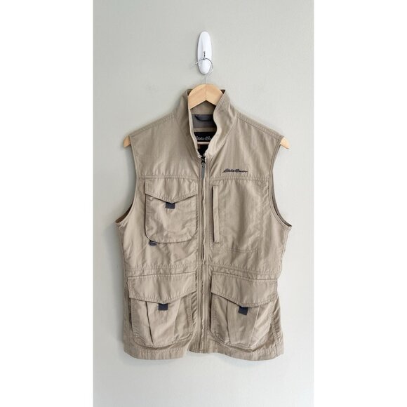 Eddie Bauer Vest Mens Sz Small Beige Tan Travex Nylon Full Zip Pockets PFG Cargo - Picture 1 of 12